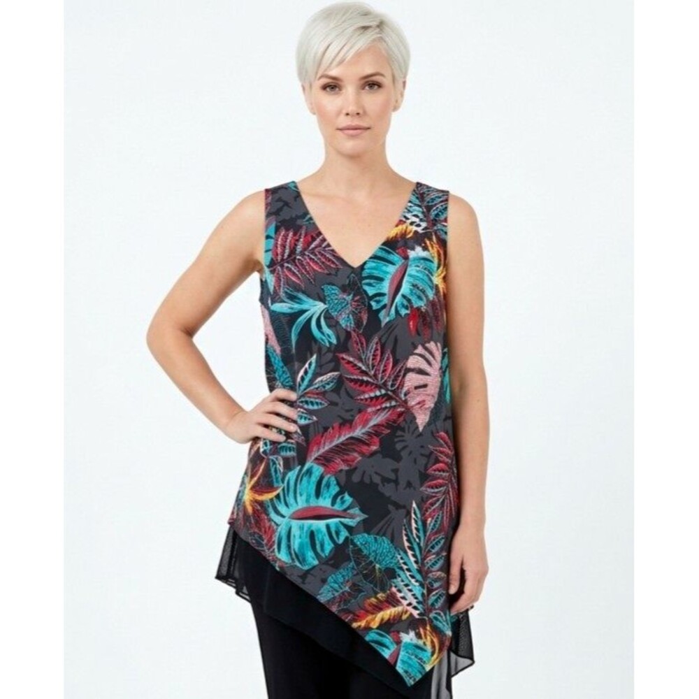 DG Womens Top Tunic 1X Black Tropical Layered Diagonal hem sleeveless boho